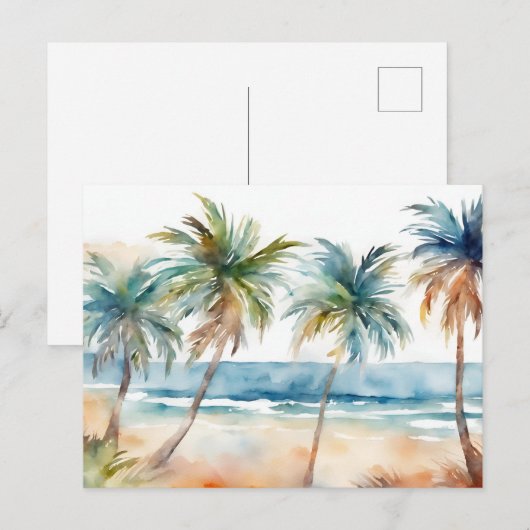 Zandige Waterverf tropisch strand, palmbomen Briefkaart (Voorkant / Achterkant)