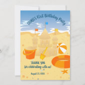 Zandkasteel strand leuk baby boy verjaardagsfeestj bedankkaart (Voorkant)