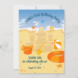 Zandkasteel strand leuk baby boy verjaardagsfeestj bedankkaart