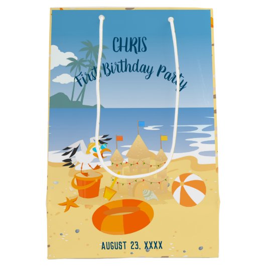 Zandkasteel strand leuk baby boy verjaardagsfeestj medium cadeauzakje (Achterkant)