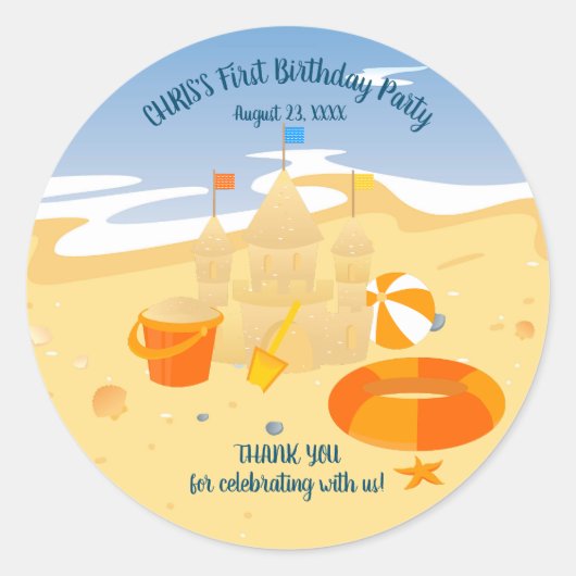 Zandkasteel strand leuk baby boy verjaardagsfeestj ronde sticker (Voorkant)