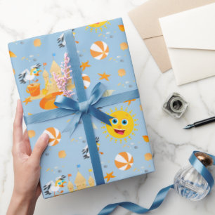 Zandkasteel strandplezier baby jongen verjaardagsf cadeaupapier