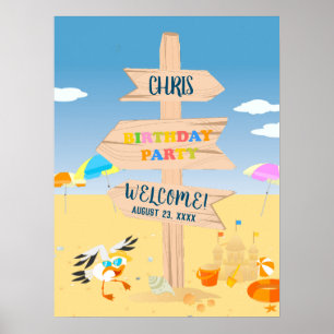Zandkasteel strandplezier baby jongen verjaardagsf poster