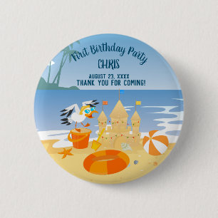 Zandkasteel strandplezier baby jongen verjaardagsf ronde button 5,7 cm