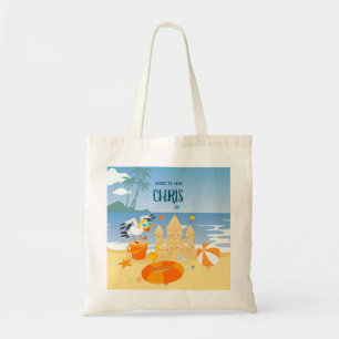 Zandkasteel strandplezier baby jongen verjaardagsf tote bag