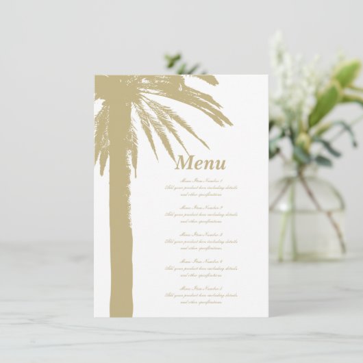 Zandkleur palmboom strand bruiloft menu sjabloon (Staand voorkant)