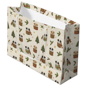 Zandkleurige en zwart-witte puppy's kerstpatroon groot cadeauzakje