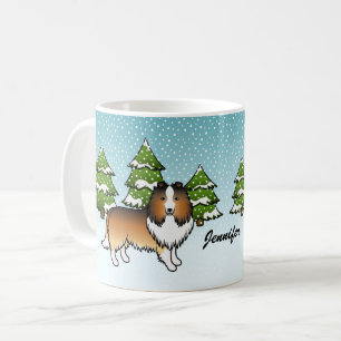 Zandkleurige Sheltie Cartoon Hond In Winter & Naam Koffiemok
