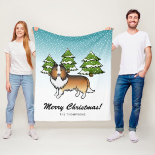 Zandkleurige Sheltie Cartoon Hond In Winter & Teks Fleece Deken