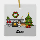 Zandkleurige Sheltie Hond In Een Kerst Kamer & Naa Keramisch Ornament (Voorkant)