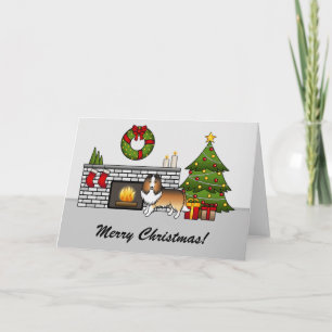 Zandkleurige Sheltie-hond in een kerstkamer & teks Kaart
