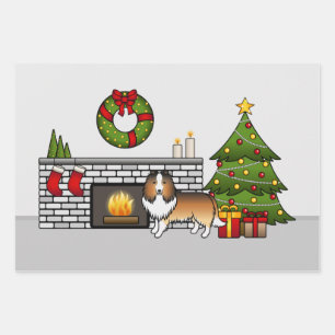 Zandkleurige Shetland Sheepdog Hond In Een Kerst K Inpakpapier Vel