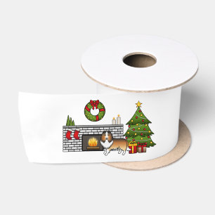 Zandkleurige Shetland Sheepdog Hond In Een Kerst K Satijnen Lint