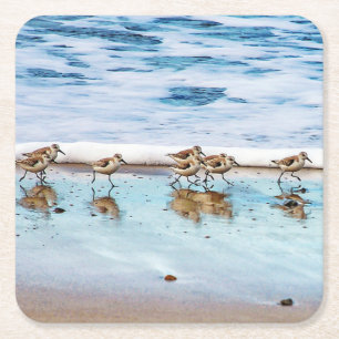 Zandpiers die langs de strand lopen kartonnen onderzetters