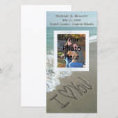 Zandschrift op het strand, ik hou van jou fotokaar aankondiging (Voorkant / Achterkant)