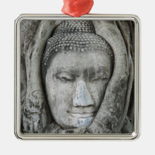 Zandstenen hoofd van Boeddha omringd door boom Metalen Ornament