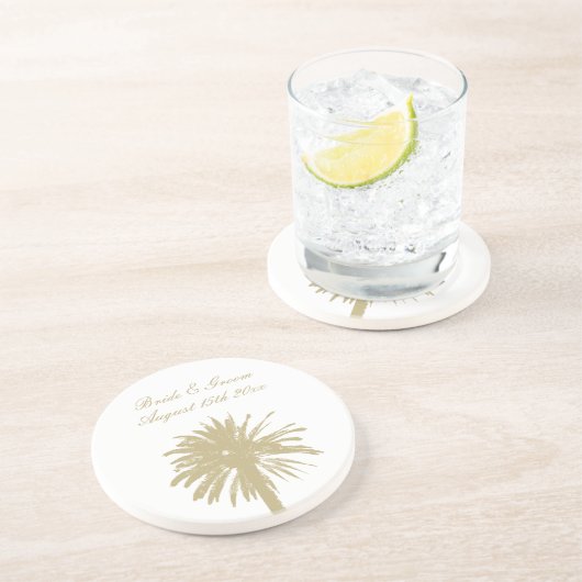 Zandstenen strand bruiloft onderzetter met palmboo (Zijkant)