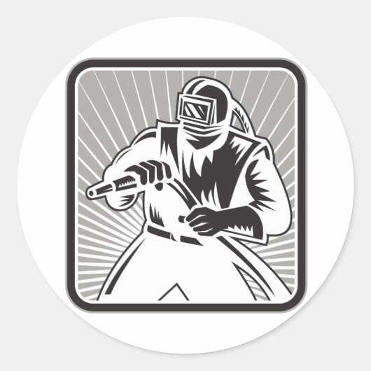 Zandstraalzandstraler Houtsnede Retro Ronde Sticker (Voorkant)