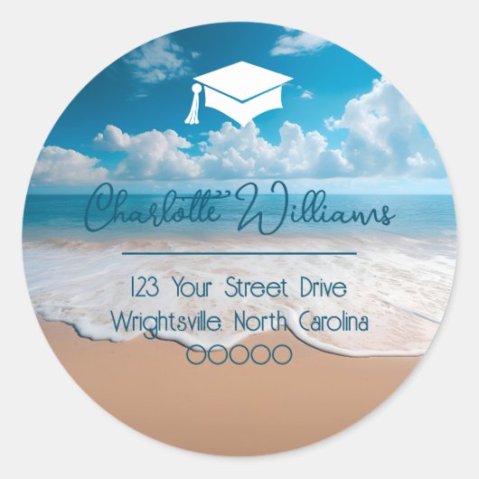 Zandstrand Grad Cap Afstudeer Retouradres Ronde Sticker (Voorkant)