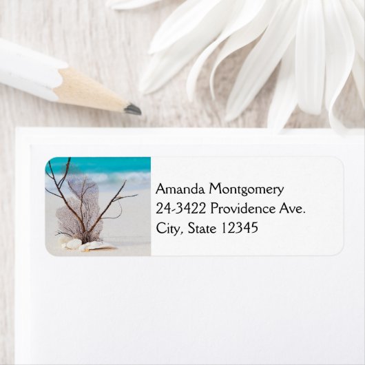 Zandstrand met witte schelpen etiket (Insitu)