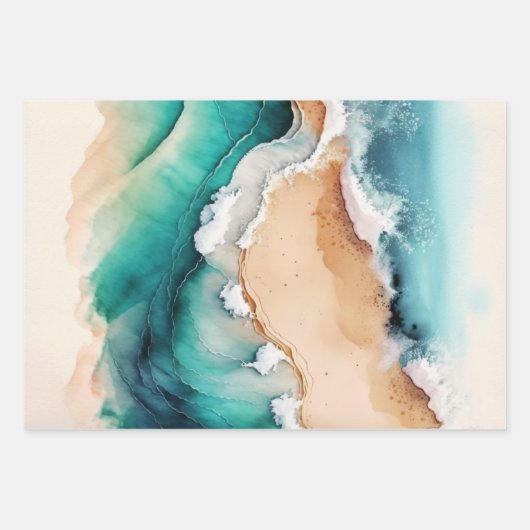 Zandstrand oceaan blauwe golven waterverf chic inpakpapier vel (Voorkant 2)