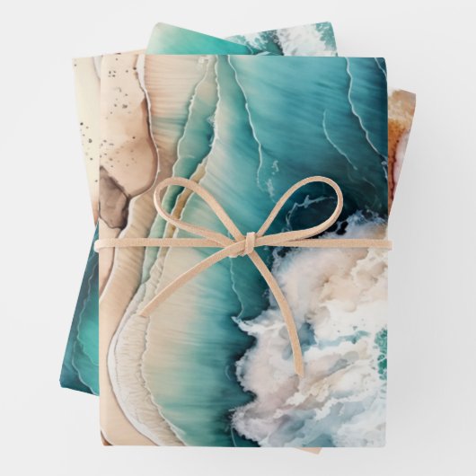 Zandstrand oceaan blauwe golven waterverf chic inpakpapier vel (In situ)