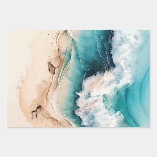 Zandstrand oceaan blauwe golven waterverf chic inpakpapier vel (Voorkant)