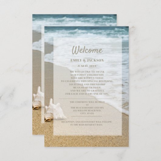 Zandstrand Oceanschelpen Bruiloft Welkom Informatiekaartje (Voorkant / Achterkant)