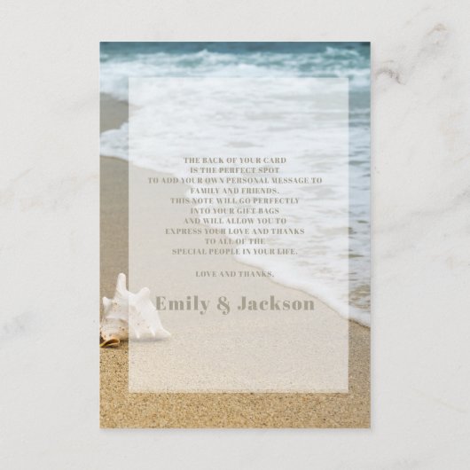 Zandstrand Oceanschelpen Bruiloft Welkom Informatiekaartje (Achterkant)