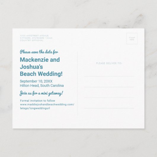 Zandstrand Turquoise Water Beach Bruiloft Opslaan  Aankondigingskaart (Achterkant)