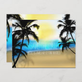 Zandstrandle + Palmbomen Save The Date-ansichtkaar Aankondigingskaart (Voorkant / Achterkant)