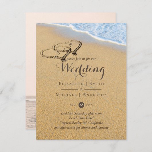 Zandstrandnamen in Zand Hartjes Oceaan Bruiloft  Kaart (Voorkant / Achterkant)