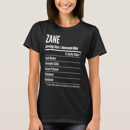 Zane  Nutritional Facts Serving Size Calories T-shirt (Voorkant)