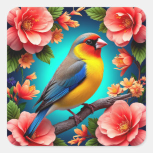 🐦 Zangvogel Bloemrijke Zitstok Helder Tuin Natuur Vierkante Sticker