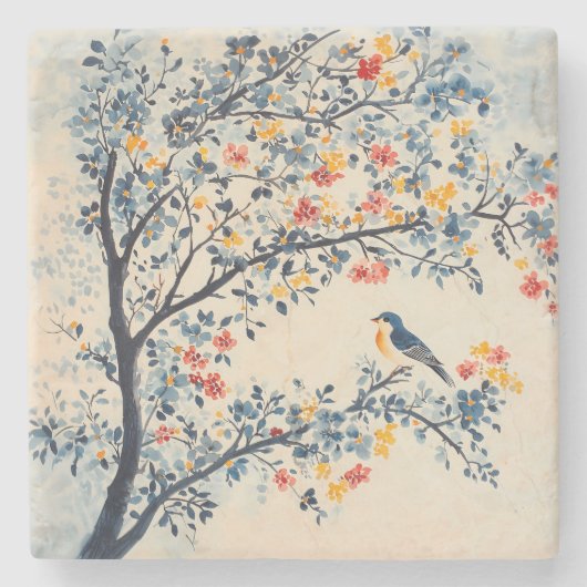 Zangvogel in een boom Chinoiserie Stenen Onderzetter (Voorkant)