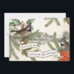 zangvogel Merry Christmas Village Evergreen Feestdagenkaart<br><div class="desc">Twee Europese kuifzangvogels baars op evergreen boughs versierd met holly en poinsettia met een klein stadje in de verte. Op een  spandoek staat "Ik wens je een vrolijk kerstfeest."</div>