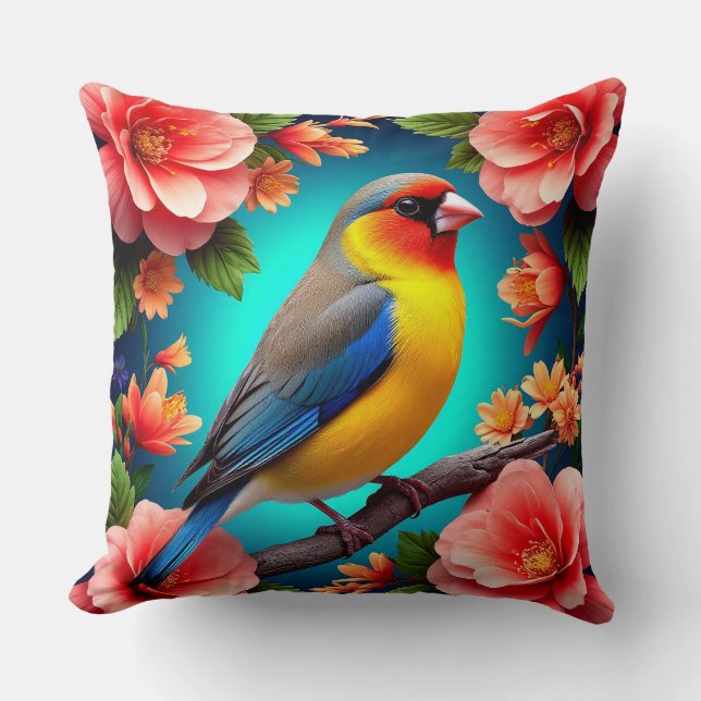 Zangvogel neergestreken te midden van heldere bloe kussen (Voorkant)