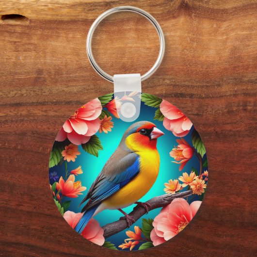 Zangvogel neergestreken te midden van heldere bloe sleutelhanger (Voorkant)