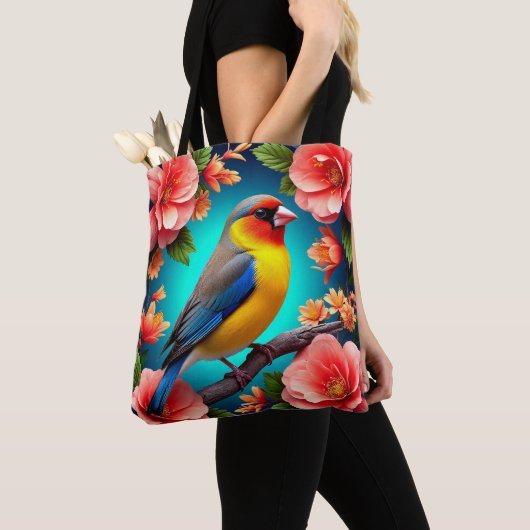 Zangvogel neergestreken te midden van heldere bloe tote bag (Dichtbij)