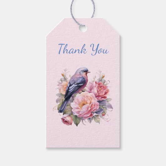 Zangvogel Staand op Roze Pioenrozen Dank Je Cadeaulabel (Voorkant)