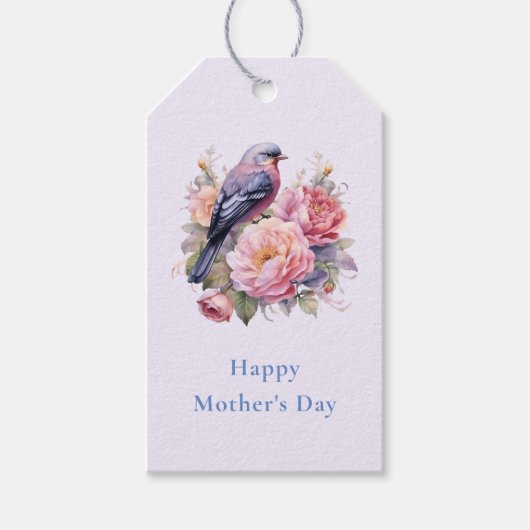 Zangvogel staand op roze pioenrozen Moederdag Cadeaulabel (Voorkant)