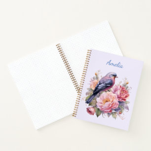 Zangvogel staand op roze pioenrozen notitieboek