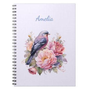 Zangvogel staand op roze pioenrozen notitieboek