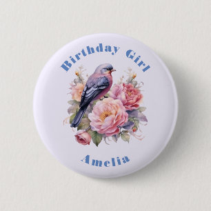 Zangvogel staand op roze pioenrozen Verjaardagsmei Ronde Button 5,7 Cm