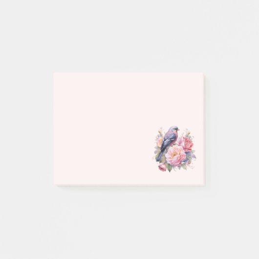 Zangvogel staande bovenop roze pioenrozen post-it® notes (Voorkant)