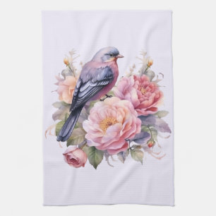 Zangvogel staande bovenop roze pioenrozen theedoek