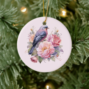 Zangvogel staande op roze pioenrozen keramisch ornament
