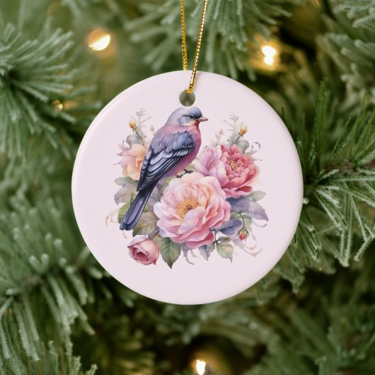 Zangvogel staande op roze pioenrozen keramisch ornament (Boom)