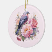 Zangvogel staande op roze pioenrozen keramisch ornament (Links)