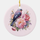 Zangvogel staande op roze pioenrozen keramisch ornament (Achterkant)